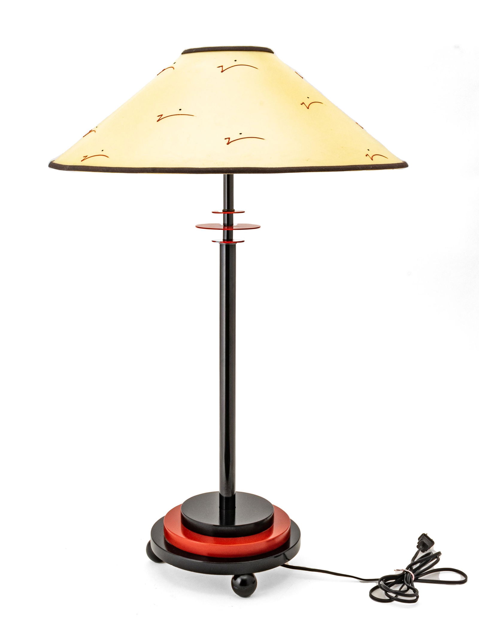 Arteluce (Co.) (Italian) Memphis Style Lamp H 32'' Dia. 9.5'': Arteluce (Co.) (Italian) Memphis Style Lamp H 32'' Dia. 9.5'' Having a painted wood stepped base with a metal central shaft. Shade having a diameter of 21".