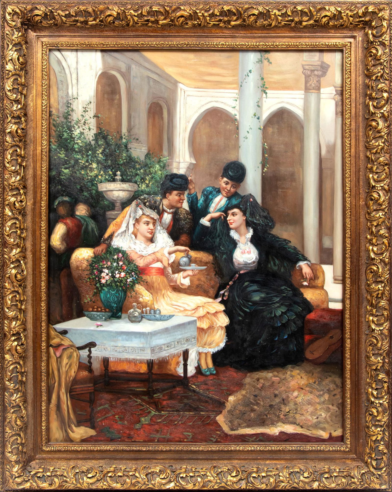 B. Simon (20th C.) Oil On Canvas, Afternoon Tea In A Spanish Courtyard,, H 47'' W 35'': B. Simon (20th C.) Oil On Canvas, Afternoon Tea In A Spanish Courtyard,, H 47'' W 35'' Contemporary oil on canvas, signed B. Simon in the lower right. Depicting Spanish couples enjoying an afternoon t