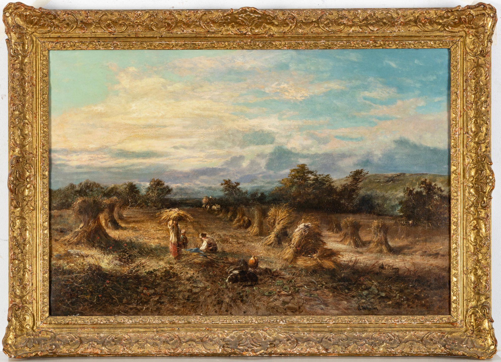 Walter Heath Williams (English, 1834-1906) Oil On Canvas "Haymakers", H 24'' W 36'': Walter Heath Williams (English, 1834-1906) Oil On Canvas "Haymakers", H 24'' W 36'' Landscape scene depicting people in the field making Haystacks. Signed lower right and framed 31" x 43". Purchased f