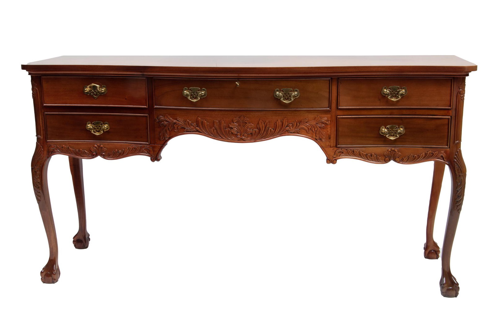 Chippendale Style Carved Mahogany Sideboard H 35.5'' L 68'' Depth 21.5'': Chippendale Style Carved Mahogany Sideboard H 35.5'' L 68'' Depth 21.5'' Five drawers, cabriole legs with ball and claw feet.