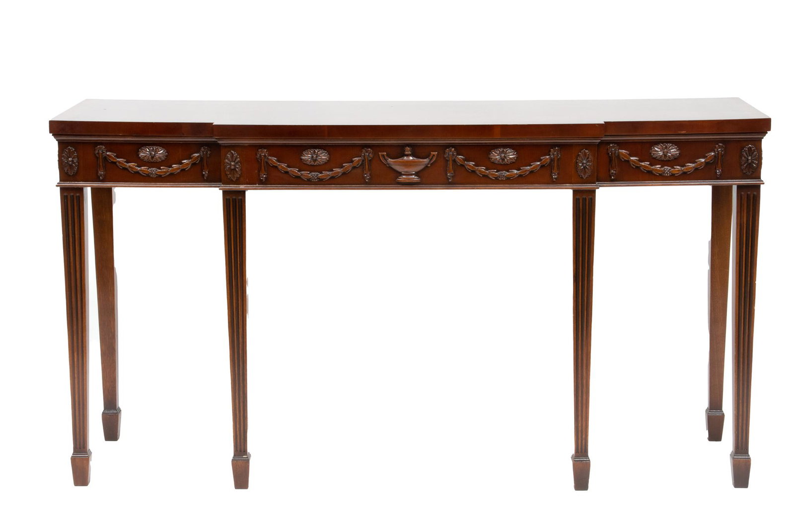 Federal Style Carved Mahogany Console Table H 32'' W 60'' Depth 18'': Federal Style Carved Mahogany Console Table H 32'' W 60'' Depth 18'' Urn and bell-flower swag frieze. Straight tapered fluted legs