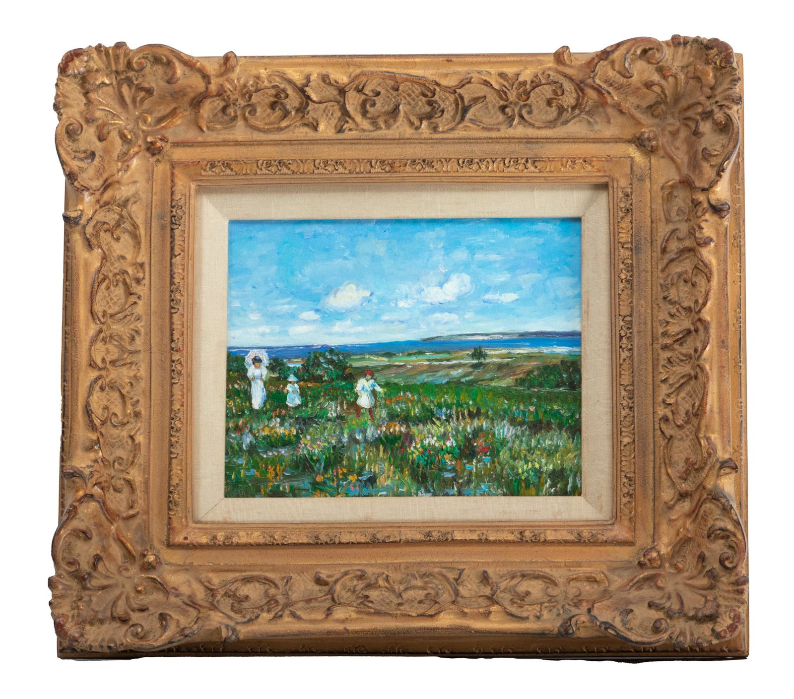 Oil On Canvas, Summer Scene, H 8'' W 10'': Oil On Canvas, Summer Scene, H 8'' W 10'' Unsigned. Depicting a woman with a parasol and children.