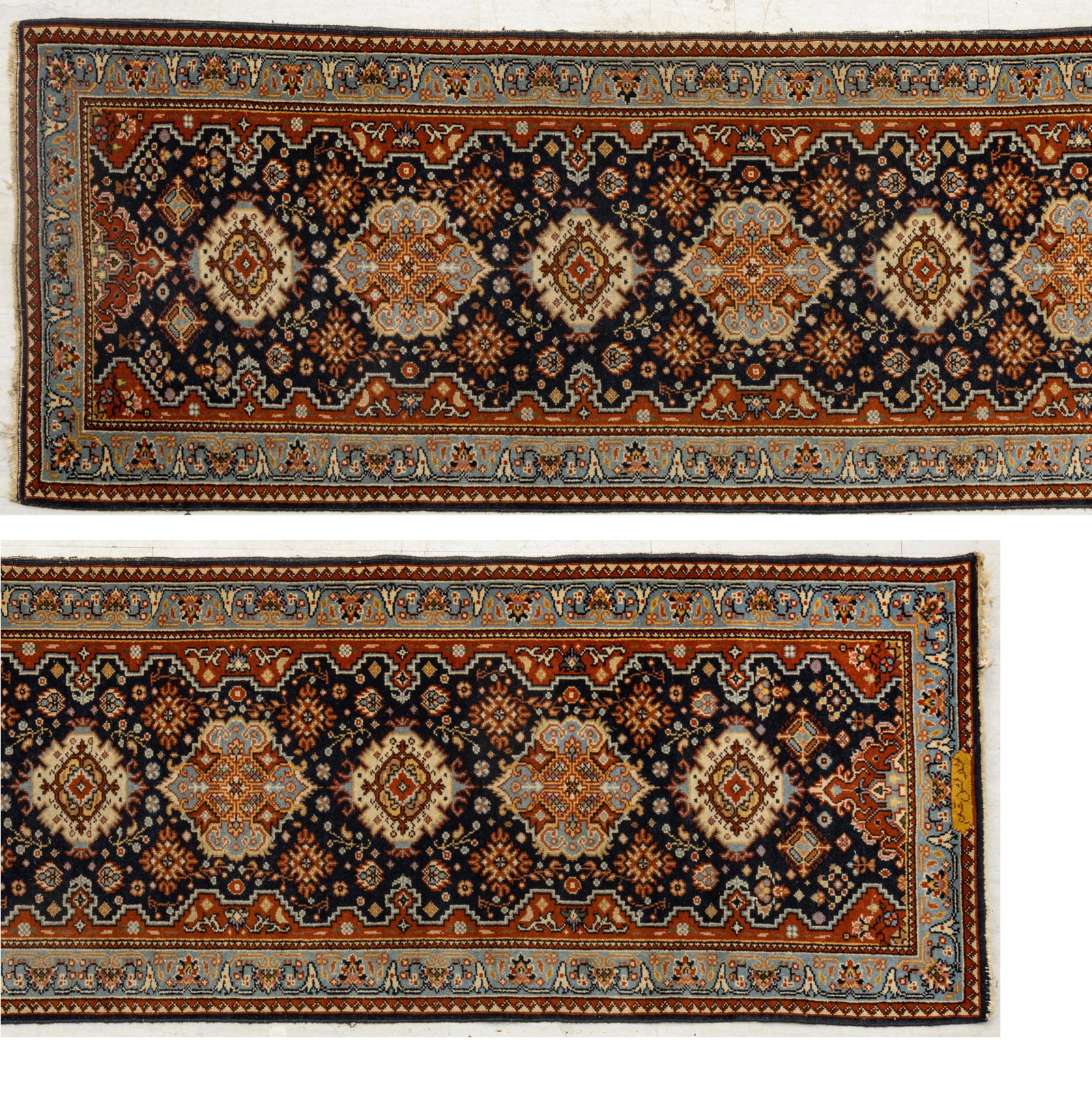 Romanian, Persian Design Handwoven Wool Runner, C. 1990, W 2' 8'' L 10': Romanian, Persian Design Handwoven Wool Runner, C. 1990, W 2' 8'' L 10' Having a navy field with beige medallions, orange and blue outer borders. Signed at one end.