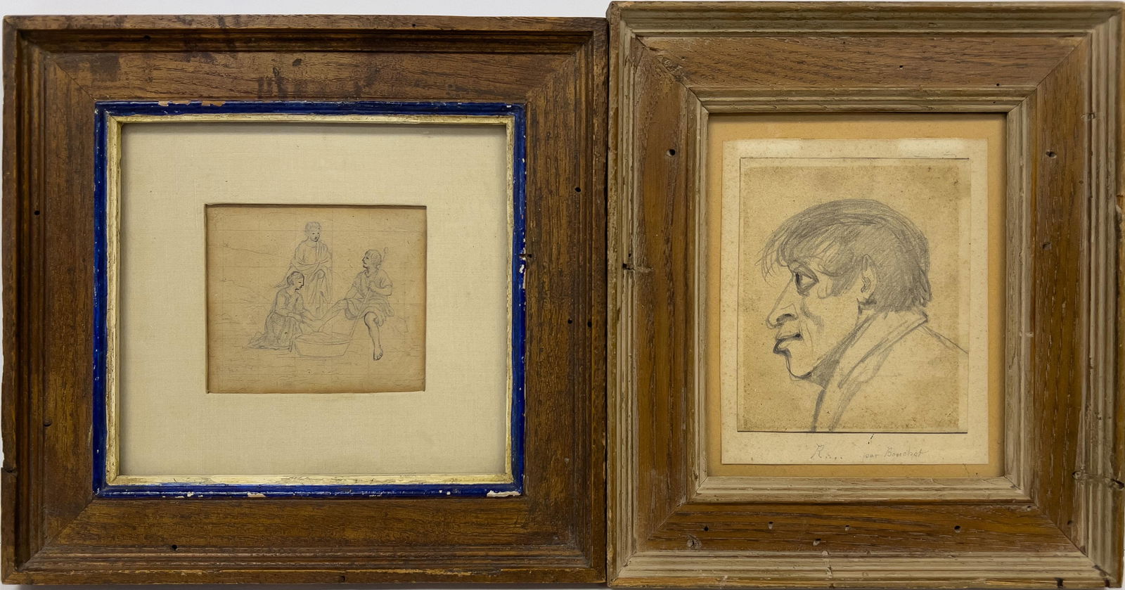 Pair Of Small Drawings H 3.25-4.75", W 3.75"-4.5": Pair Of Small Drawings H 3.25-4.75", W 3.75"-4.5" One By George Morland (British, 1763-1804), Pencil And Black Ink, Arcadian Scene. One By Frederic Bouchet (French, 1799-1860), Pencil On Paper, Portra