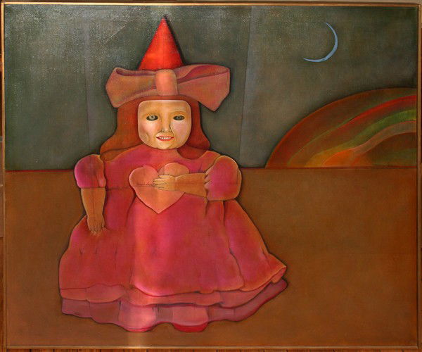 MARY SPAIN COLIE (AM 1934-1983), OIL/CANVAS: MARY SPAIN COLIE (AM 1934-1983), OIL ON CANVAS, 1978, 36" X 39", GIRL WITH PAPER HEART:Framed and depicting a girl holding paper heart with moon and rainbow. Signed on mid-right side edge. Inscribed o