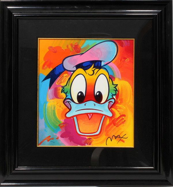 PETER MAX (1937-), SERIGRAPH, 432/500: PETER MAX (1937-), SERIGRAPH, 432/500, 15 1/2" X 13 1/2", 'DONALD DUCK':Signed in black lower right, numbered 432/500 lower left, matted under glass in a black lacquered frame. Peter Max, American/Ger