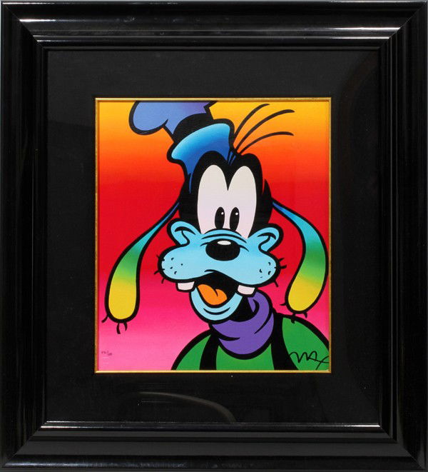 PETER MAX (1937-), SERIGRAPH, 432/500: PETER MAX (1937-), SERIGRAPH, 432/500, 15 1/4" X 13 1/2", 'GOOFY':Signed in black lower right, numbered 432/500 lower left, matted under glass in a black lacquered frame. Peter Max, American/German, b