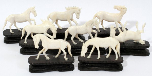 CHINESE IVORY GROUPING, WILD HORSES: CHINESE CARVED IVORY MINIATURE GROUPING, WILD HORSES, 8 TOTAL, H 4":In different stances. On bases.