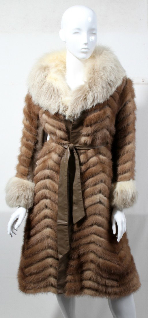 EVANS FURS, MINK & TAUPE LEATHER COAT WITH: EVANS FURS, MINK & TAUPE LEATHER COAT WITH FOX COLLAR AND CUFFS:Shoulder to hem L. 41".