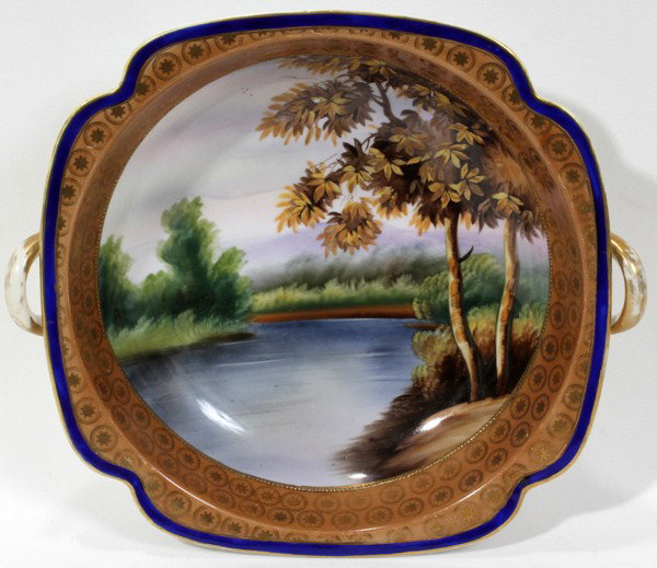 NORITAKE DOUBLE-HANDLE BOWL, 8 3/4" X 10": NORITAKE DOUBLE-HANDLE BOWL, 8 3/4" X 10":Hand painted water scene.