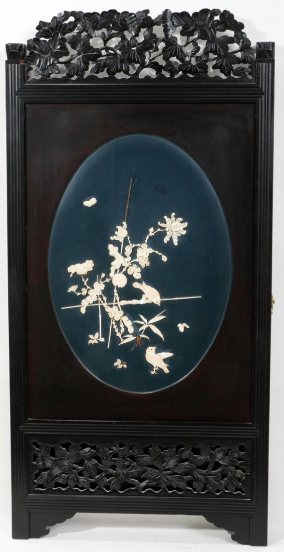 CHINESE IVORY & TEAKWOOD PLAQUE, 19TH C.: CHINESE IVORY & TEAKWOOD PLAQUE, 19TH C., 42" X 21":Hinged screen, opens to mirror, teakwood frame, ivory birds with flowers in oval on lacquer.
