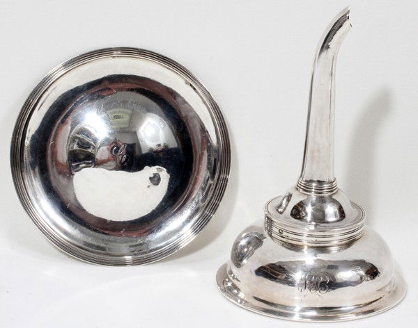 GEORGE III STERLING WINE FUNNEL, 1799-1800: GEORGE III STERLING WINE FUNNEL BY SMITH & HAYTER, LONDON, 1799-1800, H 5", & STERLING TRAY, DIA 4":Including 1 sterling silver wine funnel by George Smith II and Thomas Hayter, in two sections, engra