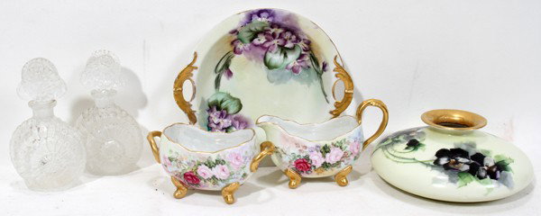 HAND PAINTED PORCELAIN TABLEWARE: HAND PAINTED PORCELAIN TABLEWARE, PLUS A PAIR OF CZECH COLOGNE BOTTLES, SIX PIECES:Hand painted pieces include 1 vase, H. 4", Dia. 7", 1 dish, Dia. 8", 1 creamer and 1 sugar bowl together with 1 pair 