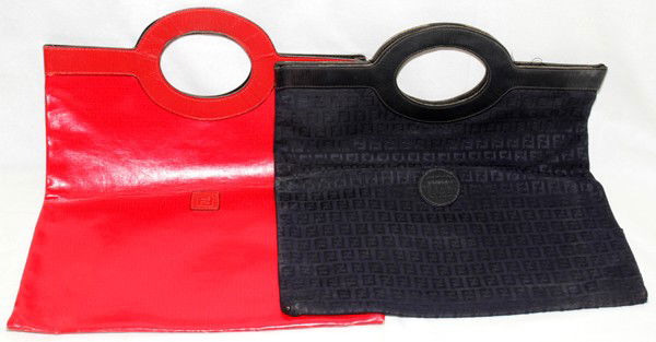FENDI SHOPPER TOTES, TWO, W 15 1/2": FENDI SHOPPER TOTES, TWO, W 15 1/2":Red and blue; measures 17 1/2" to the handles.