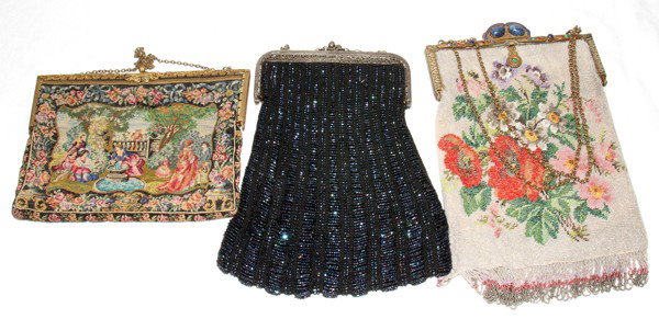 VINTAGE BEADED & NEEDLEPOINT HANDBAGS: VINTAGE BEADED & NEEDLEPOINT HANDBAGS, THREE:Including 2 beaded handbags, one with a flower design and faux stone embellishments on the metal closure, W. 6 3/4" & 7 1/2", and 1 needlepoint handbag wit