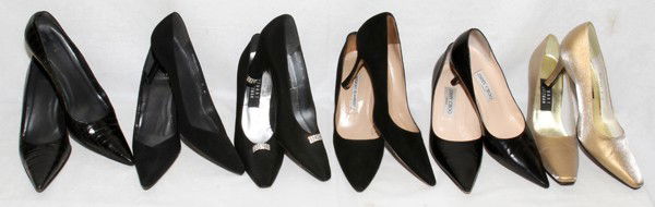STUART WEITZMAN, JIMMY CHOO & M. BLANIK PUMP: STUART WEITZMAN, JIMMY CHOO & MANOLO BLANIK PUMPS, SIX PAIRS:Including 4 pairs by Stuart Weitzman, including evening shoes, leather and suede; 1 pair of black leather Jimmy Choo; and 1 pair of black s