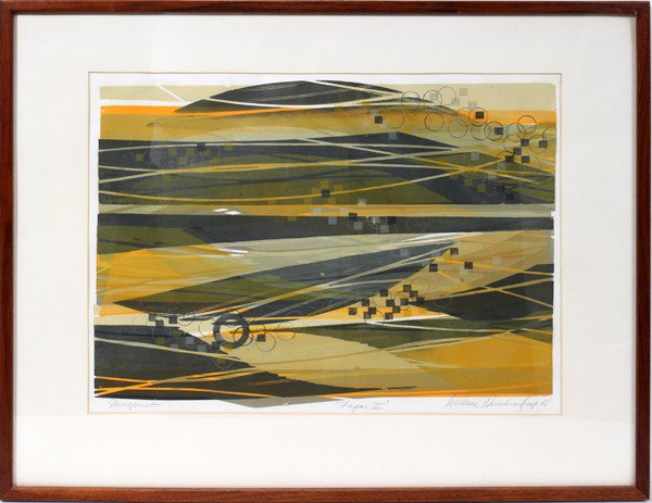 WILLIAM WOODWARD, MONOPRINT 1968, ABSTRACT,: WILLIAM WOODWARD, MONOPRINT 1968 15" X 21", ABSTRACT, 'FUGUE II':Pencil signed. 15 1/4" x 21 3/4", From the Estate of Gloria Vuici - Smith, Grosse Pointe, Mi.