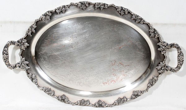 SILVER PLATE SERVING TRAY W 16", L 26": SILVER PLATE SERVING TRAY W 16", L 26":Hand chased. Vintage design border. Silver plate on copper. Circa 1940.