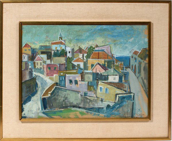 JACOB [YAACOV] EISENSCHER [ISRAELI 1896 - 80],: JACOB [YAACOV] EISENSCHER [ISRAELI 1896 - 80], OIL ON PAPER, 13 1/2" X 18 1/2", CITY Leo Rehfeld label N.Y.C. 1896 - 80. Signed and illegibly titled in lower right (see photo detail); framed.
