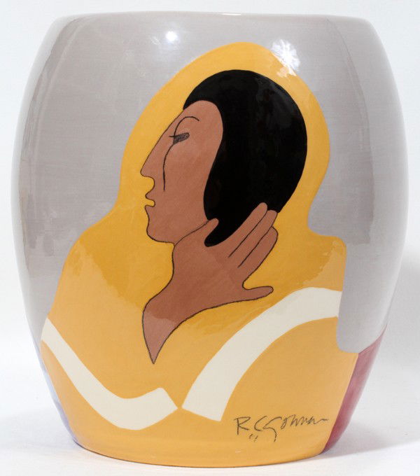 R. C. GORMAN, CERAMIC VASE, 1982, #94/150: R. C. GORMAN, CERAMIC VASE, 1982, #94/150, H 10", "THE JOKE":State II. Greg Grycner Limited edition. #94/150