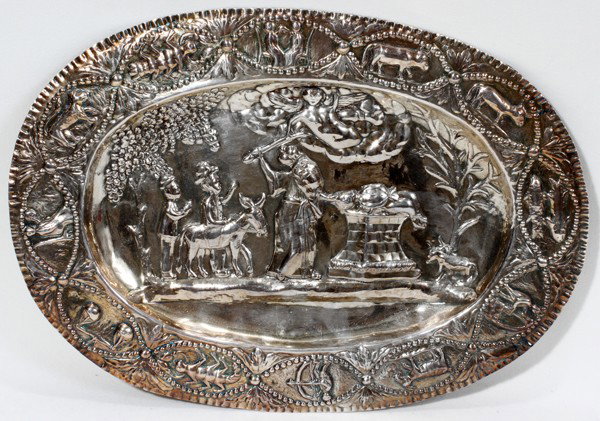 STERLING SILVER JUDAIC CEREMONIAL TRAY,: STERLING SILVER JUDAIC CEREMONIAL TRAY, 9" X 12 5/8":Unmarked; repousse scene of the sacrifice of Isaac; c. 10.28 troy ounces.