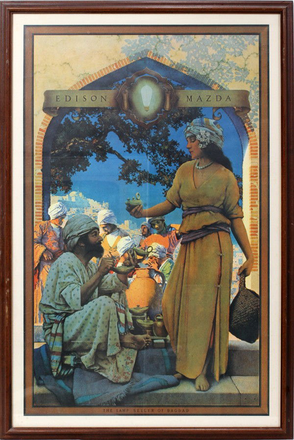 AFTER MAXFIELD PARRISH, PRINT,: AFTER MAXFIELD PARRISH, PRINT, 29 3/4" X 18 1/2", 'THE LAMP SELLER OF BAGDAD':Copyright 1922 Edison Lamp Works General Electric Co.. Under glass and framed.