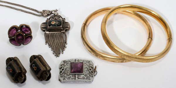 EDWARDIAN JEWELRY, CIRCA 1900:: EDWARDIAN JEWELRY, CIRCA 1900:Includes two bangles, one filigree pendant, one ring, one necklace with two slides.