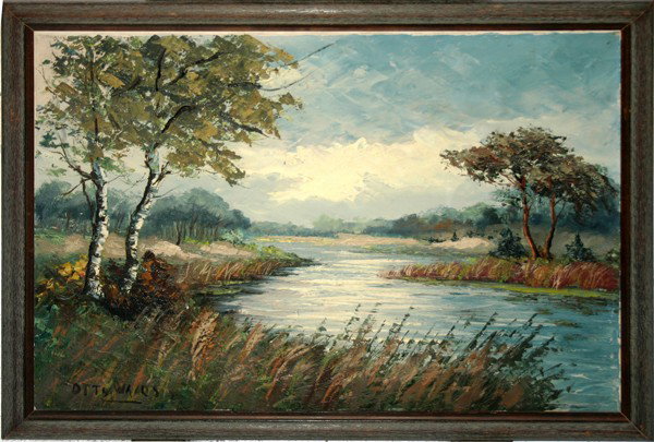 OTTO WAARS, OIL ON CANVAS 19" X 22 1/2",: OTTO WAARS, OIL ON CANVAS 19" X 22 1/2", LANDSCAPE WITH BIRCH TREES AND RIVER:Signed lower left, framed.
