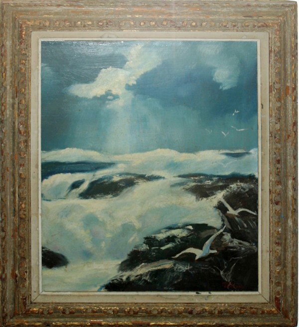 KARL LARSEN, OIL ON MASONITE, 24" X 20",: KARL LARSEN, OIL ON MASONITE, 24" X 20", ROCKY SHORELINE:Signed lower right.