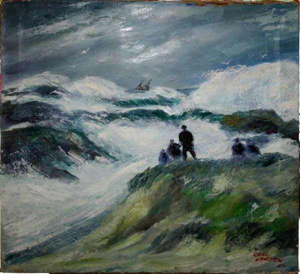 KARL LARSEN, OIL PAINTING, 24 1/2" X 26",: KARL LARSEN, OIL PAINTING, 24 1/2" X 26", 'THE BREAKERS':Signed lower right. Depicts figures on seashore with ship in distance. Unframed. Dated '82.