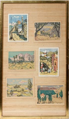 JACOB (YAACOV) EISENSCHER WOODCUT: JACOB (YAACOV) EISENSCHER (ISRAELI 1896-1980), COLOR WOODCUTS, LOT OF SIX, SCENES OF ISRAEL Framed as one. Postcard size. Signed.