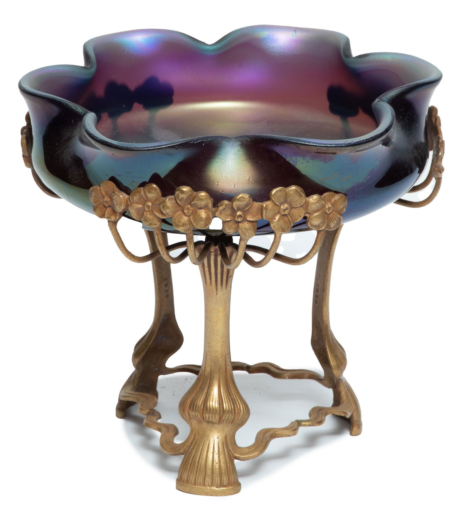 Austria, Art Nouveau Glass Vase In Bronze Frame C. 1920, H 8'' Dia. 6'' (1 of 5)