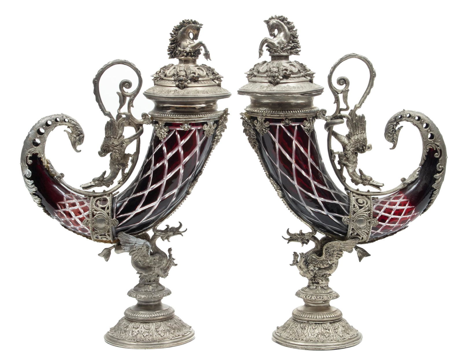 Cut Crystal Cornucopias, Horse Finials, White Metal Mounts, C. 1900, H 19.5'' W 13'' 1 Pair (1 of 6)