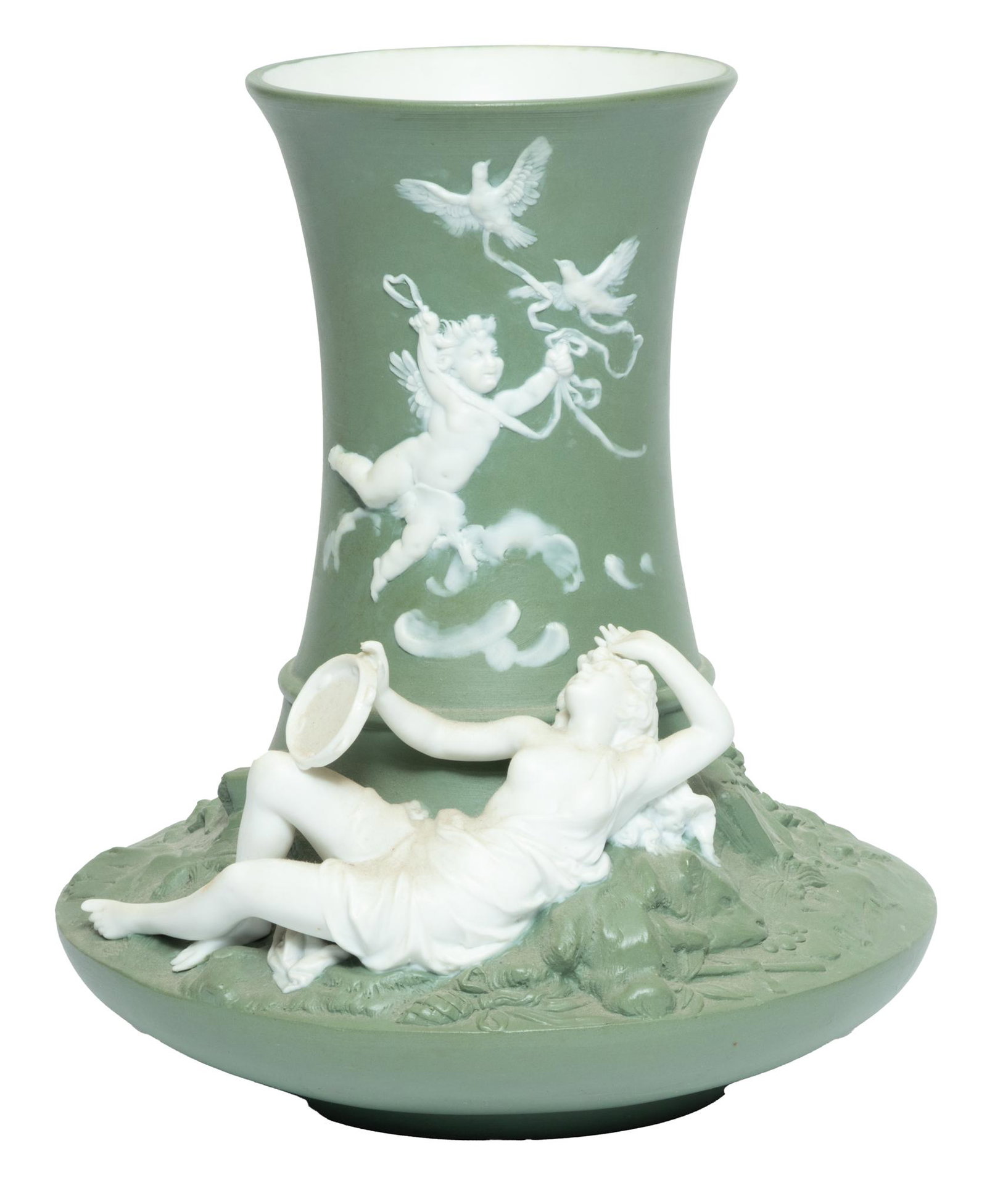 German Pate Sur Pate Vase C. 1900, H 8'' Dia. 8'': German Pate Sur Pate Vase C. 1900, H 8'' Dia. 8'' Bisque glaze. Squat body to narrow stem. Woman with tambourine and angels. Blue paint stamp "Germany" with pinwheel.