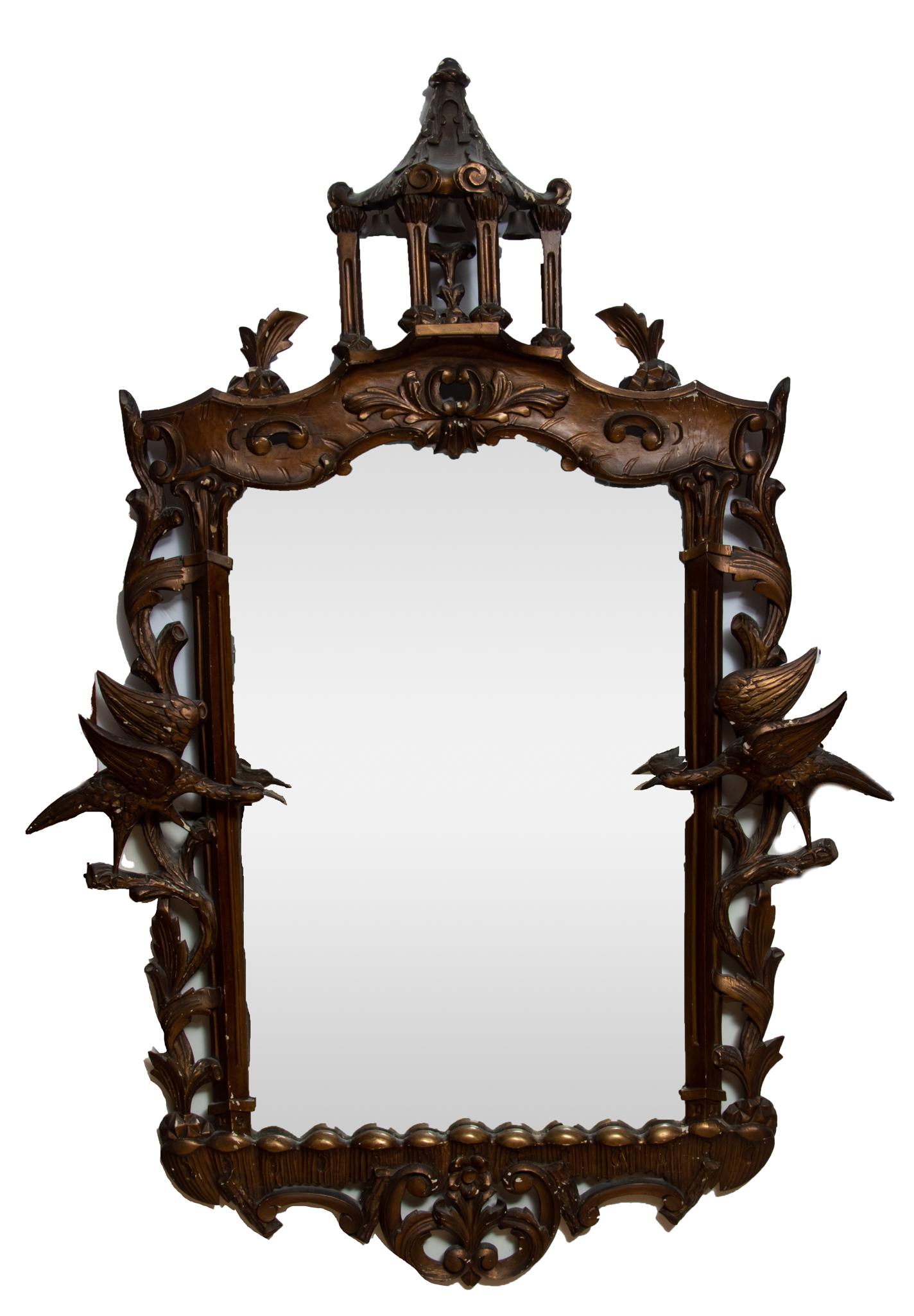 George II Style Chinese Chippendale Style Gilded Wall Mirror C. 1920, H 53'' W 36'' (1 of 3)