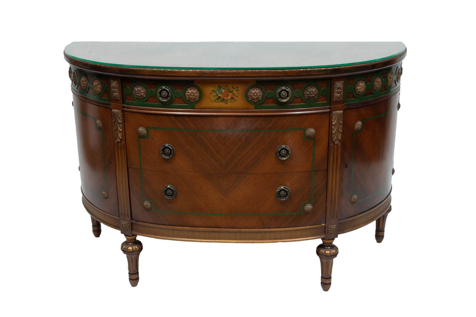Robert Irwin Demi Lune Mahogany Commode C. 1930, H 35'' W 54'' Depth 23'': Robert Irwin Demi Lune Mahogany Commode C. 1930, H 35'' W 54'' Depth 23'' Made by a premiere American furniture company, Grand Rapids, Mich. "Phoenix" collection. Three drawers and two curved hinged d