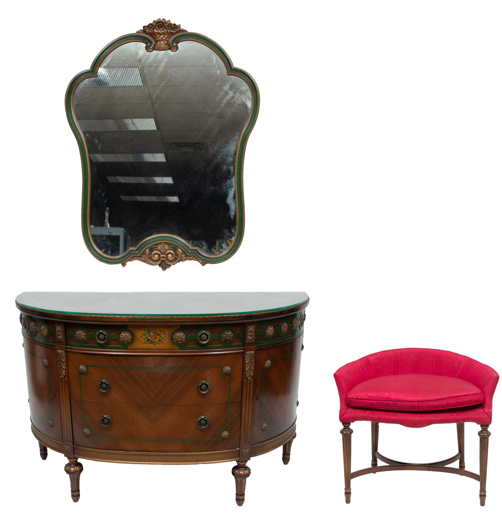 Robert Irwin Mahogany Vanity, Mirror, Bench C. 1930, H 30'' W 52'' Depth 21'' 3 pcs: Robert Irwin Mahogany Vanity, Mirror, Bench C. 1930, H 30'' W 52'' Depth 21'' 3 pcs "Phoenix collection. Vanity 30" x 52" x 21" having two curved doors, one drawer. Mirror is beveled 42" x 31". Bench