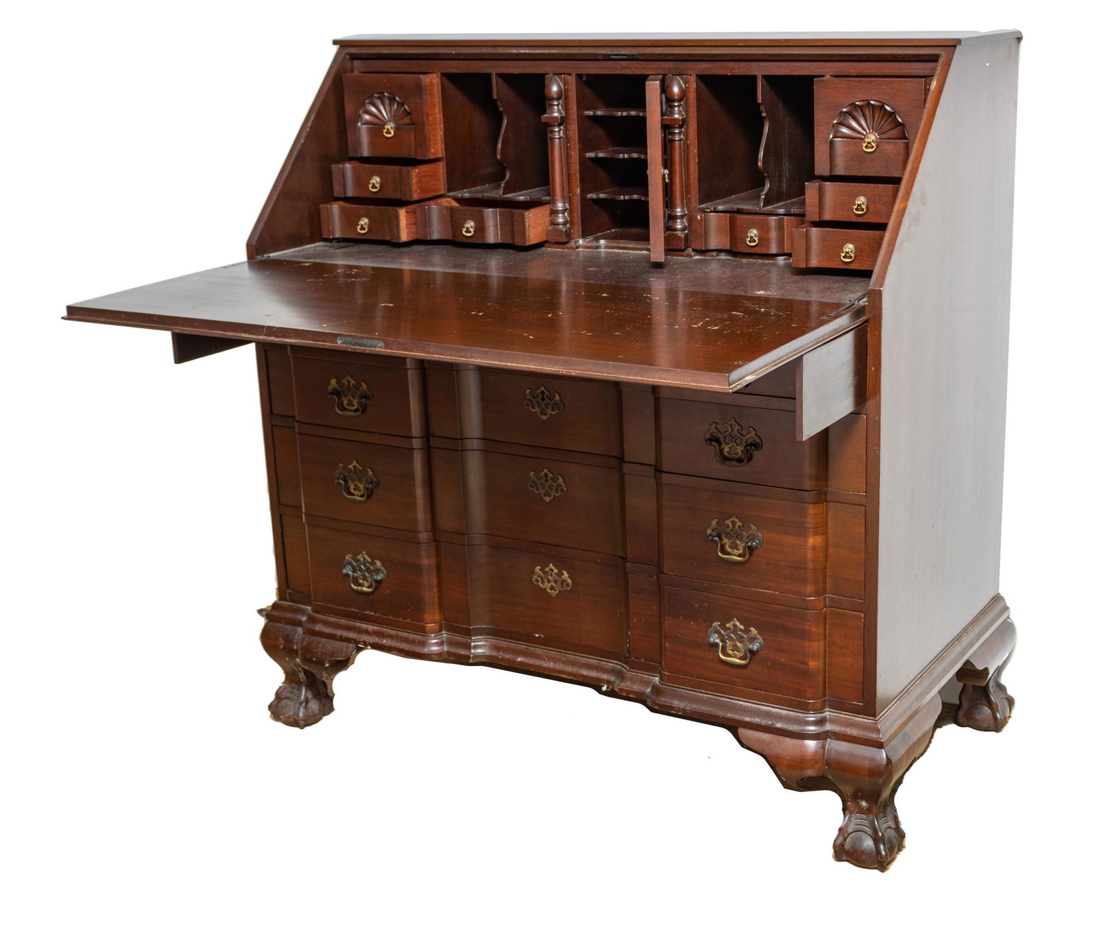 Colonial Mfg Co Mahogany Block Front Desk C. 1940, H 42'' W 40'' (1 of 7)