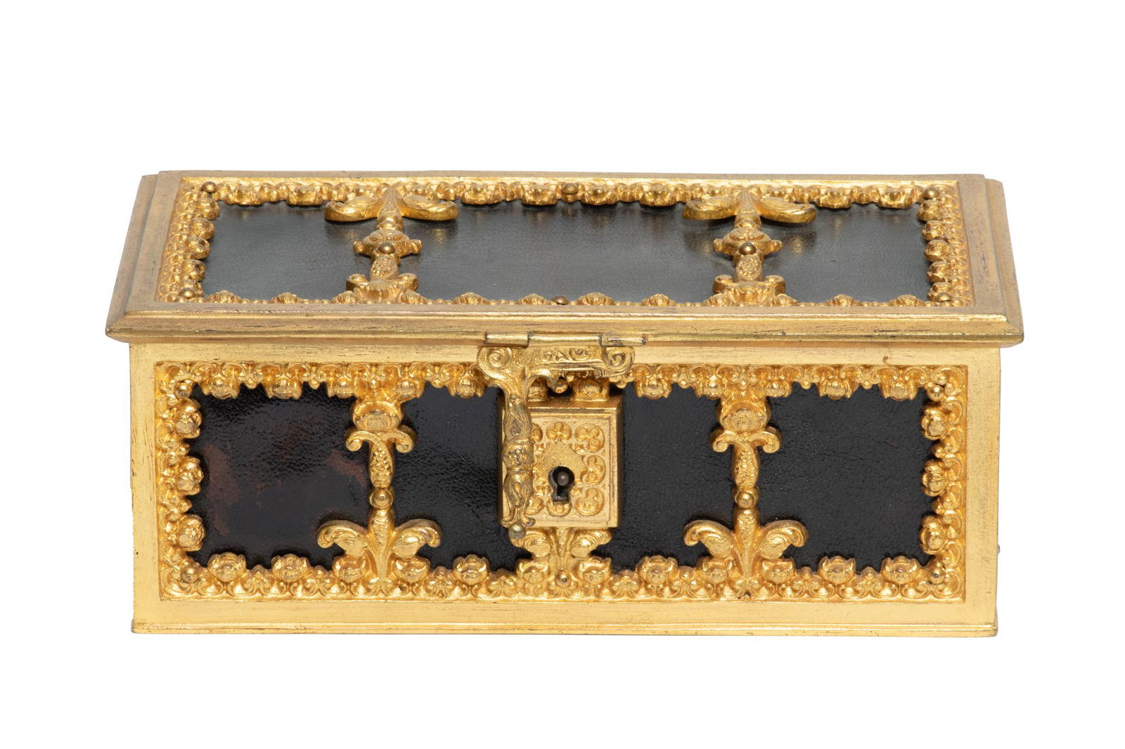 Leather And Gilt Ormolu Hinged Jewelry Chest C. 19th.c., H 3'' W 4'' L 8'' (1 of 5)