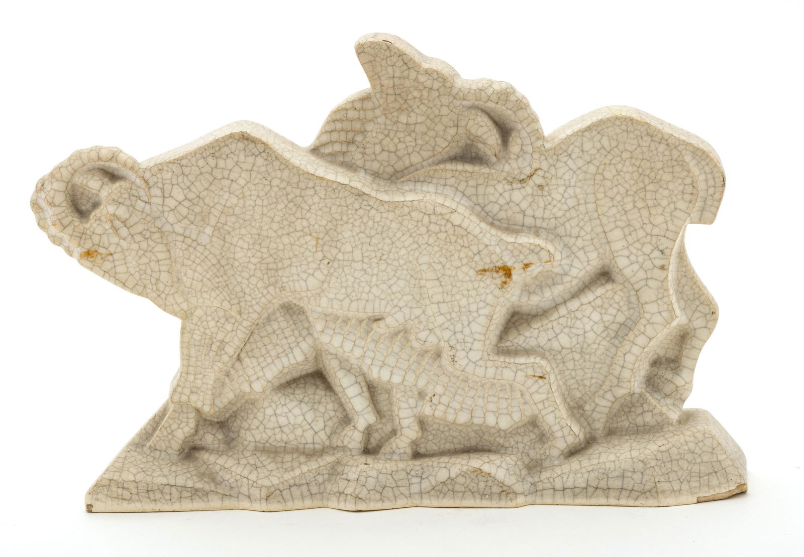 Prunareau (France) Art Deco Ceramic Sculpture, C. 1920, Bighorn Sheep, H 11.2'' W 3.5'' L 16'' (1 of 6)