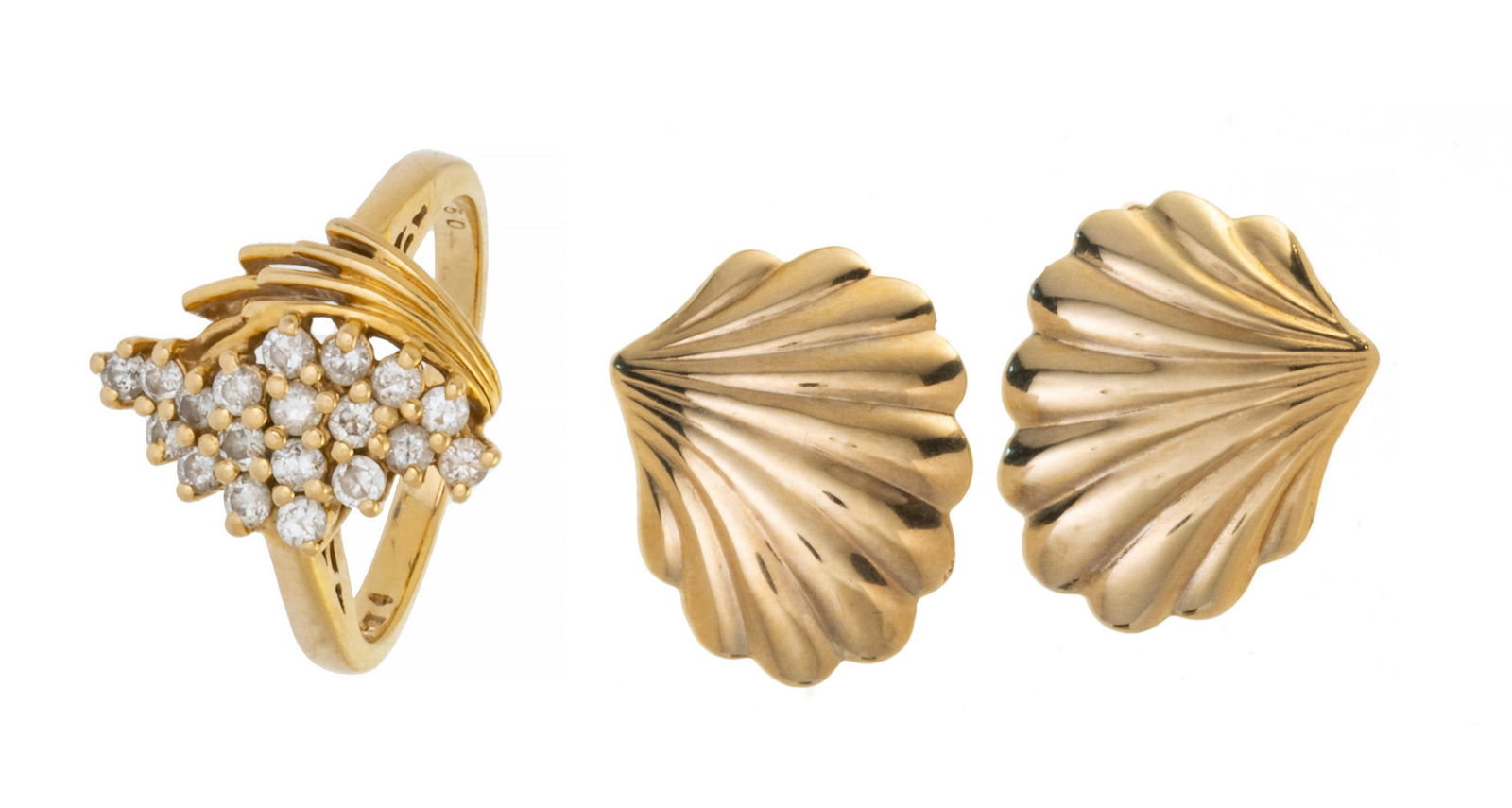 14kt Gold And Diamond Ring With One Pair Of 14kt Gold Earrings, Three Pieces, C. 1980s (1 of 7)