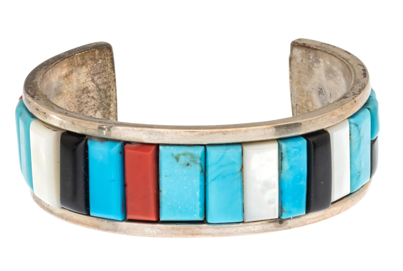 Navajo Silver, Turquoise, Coral, Mother Of Pearl Cuff Bracelet C. 1940, W 2.1'' 39g (1 of 4)