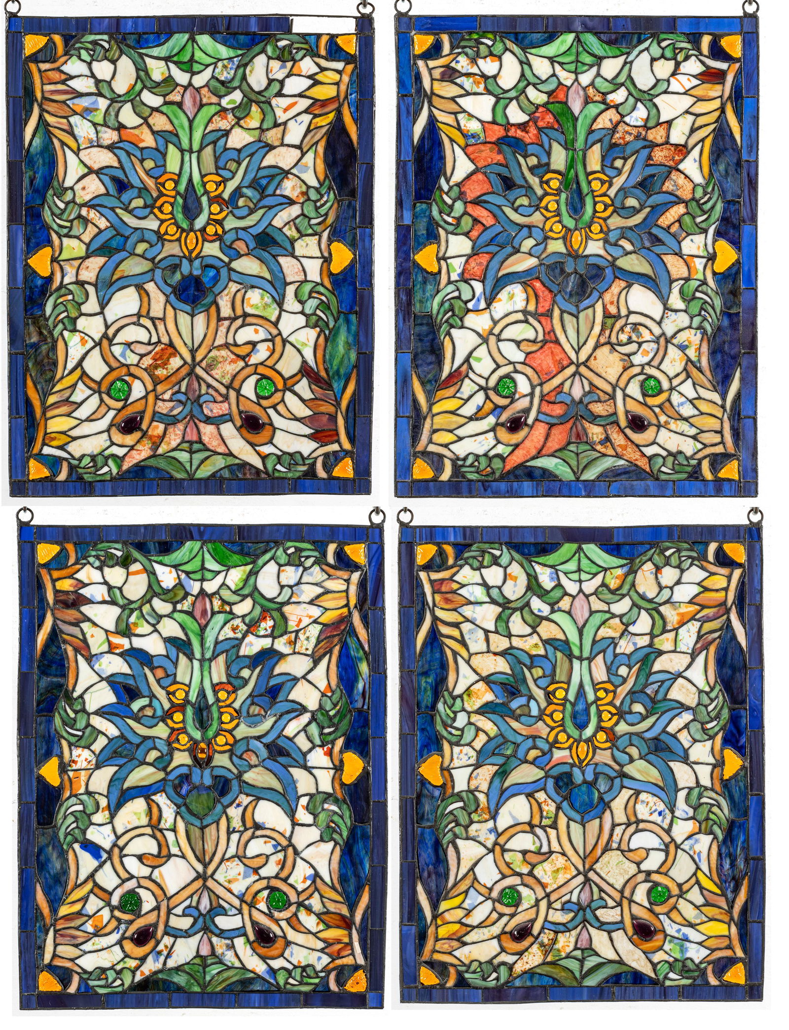 Stained & Leaded Glass Window Panes, Later 20th C., H 24'' W 18'' 4 pcs