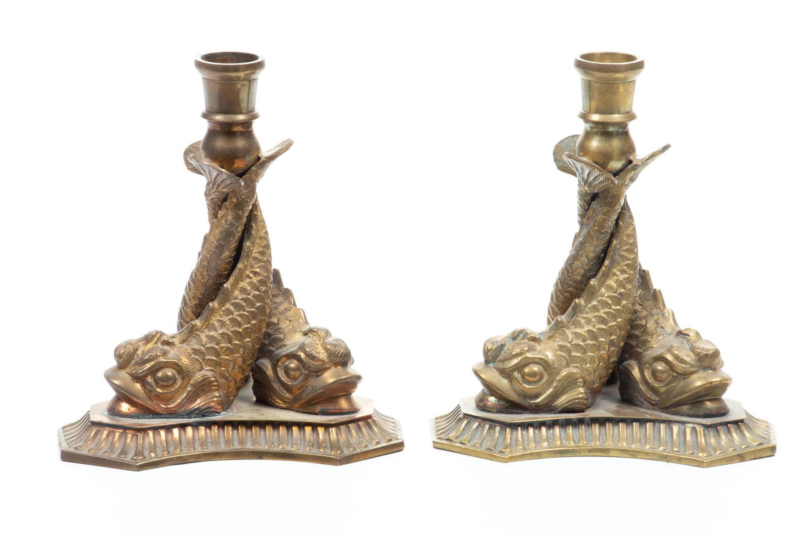 Koi Fish Form Brass Candlesticks, C. 1940, H 8'' Dia. 7'' 1 Pair (1 of 4)