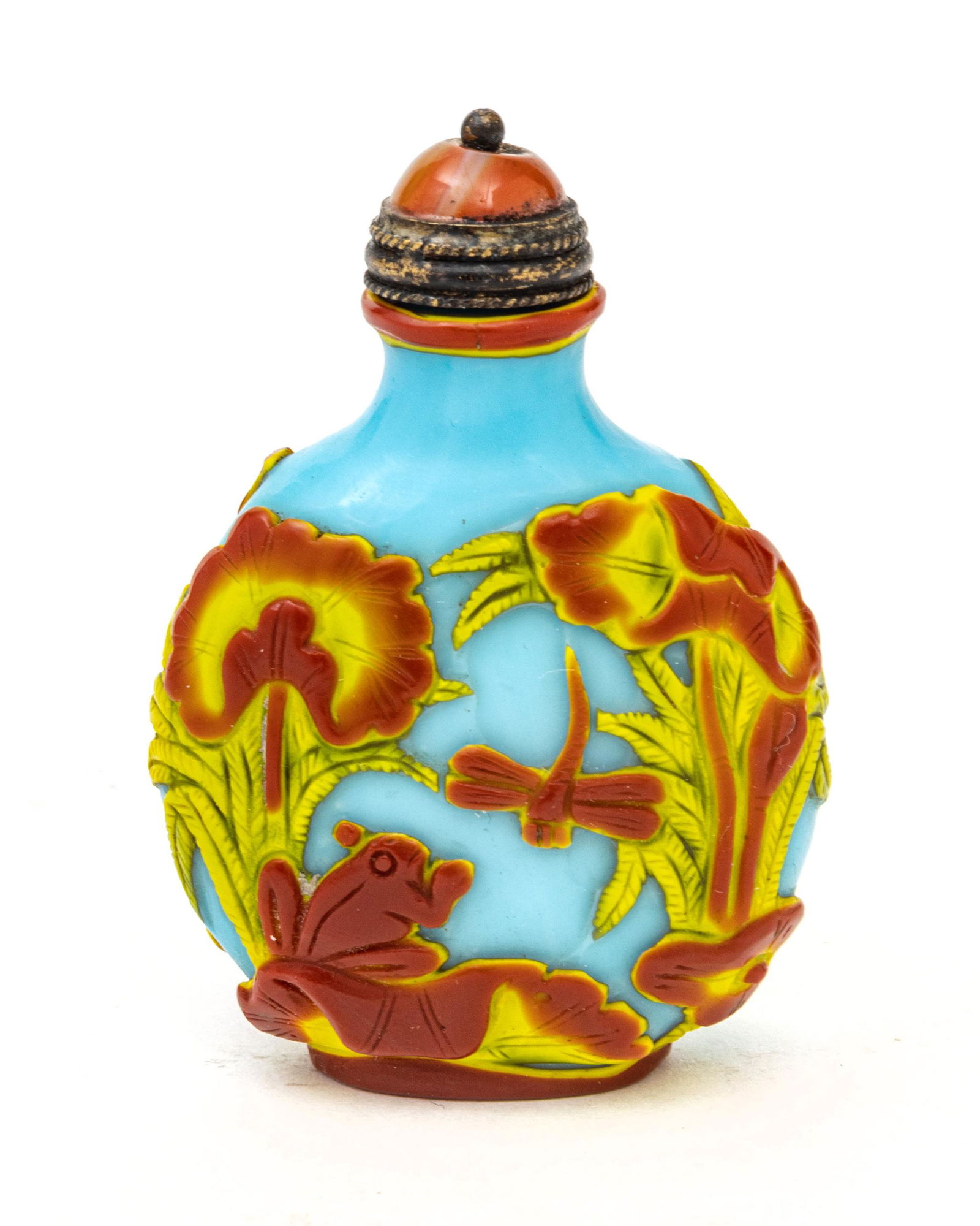 Chinese Pekin  Carved Glass Snuff Bottle, Three Colors C. 19th.c., H 2.7'' (1 of 3)