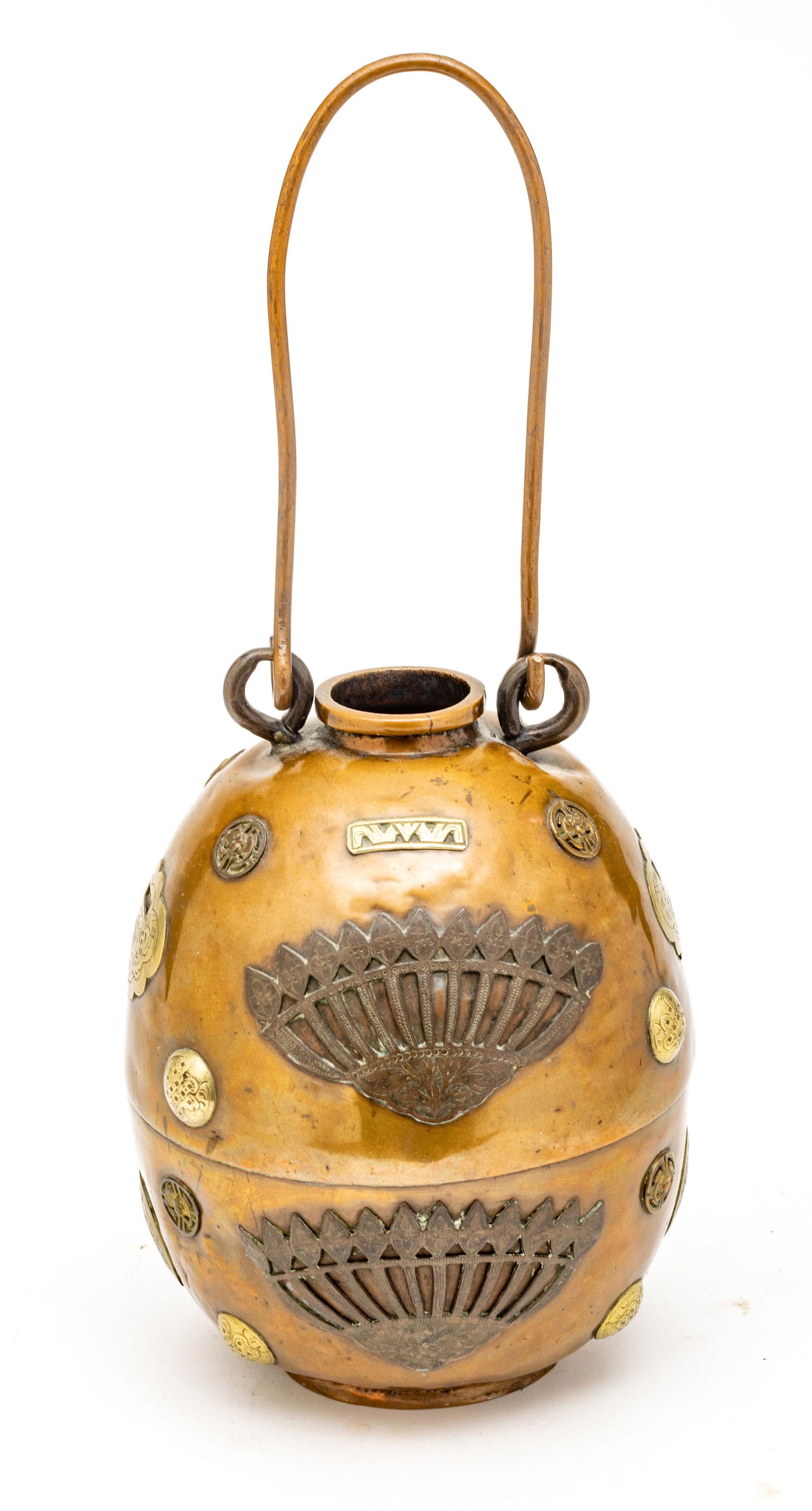 Japanese  Bronze Cylindrical Container, Applied Brass Symbols H 9'' Dia. 7'' (1 of 5)