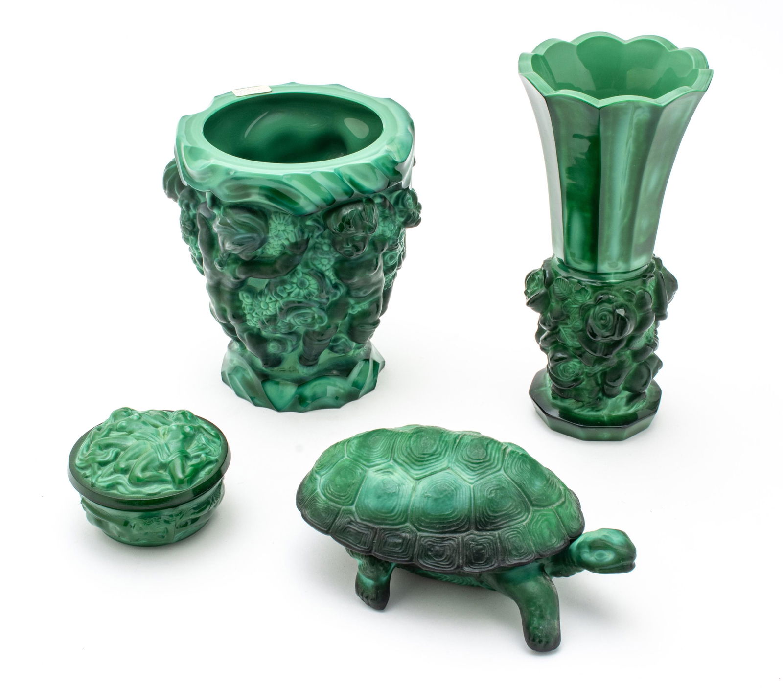 Bohemian Malachite Glass Vases & Covered Boxes, C. 1930, H 9.5'' Dia. 4.5'' 4 pcs (1 of 3)