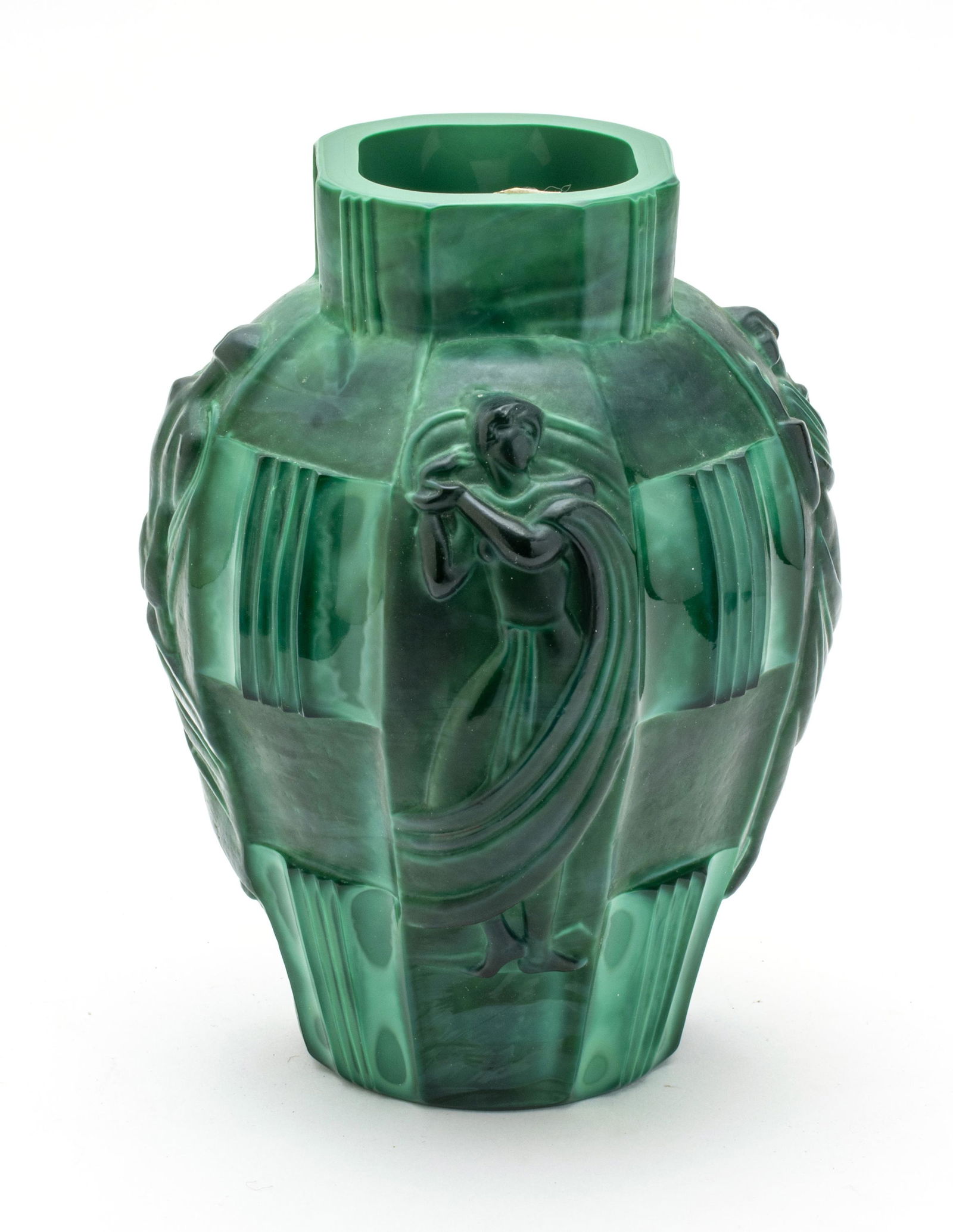 Bohemian Malachite Glass Vase, C. 1930, H 10'' Dia. 6'': Bohemian Malachite Glass Vase, C. 1930, H 10'' Dia. 6'' A circa 1930 Bohemian malachite glass vase. Offers partially nude figures in relief to the bodice. No discernible maker's marks or branding obse