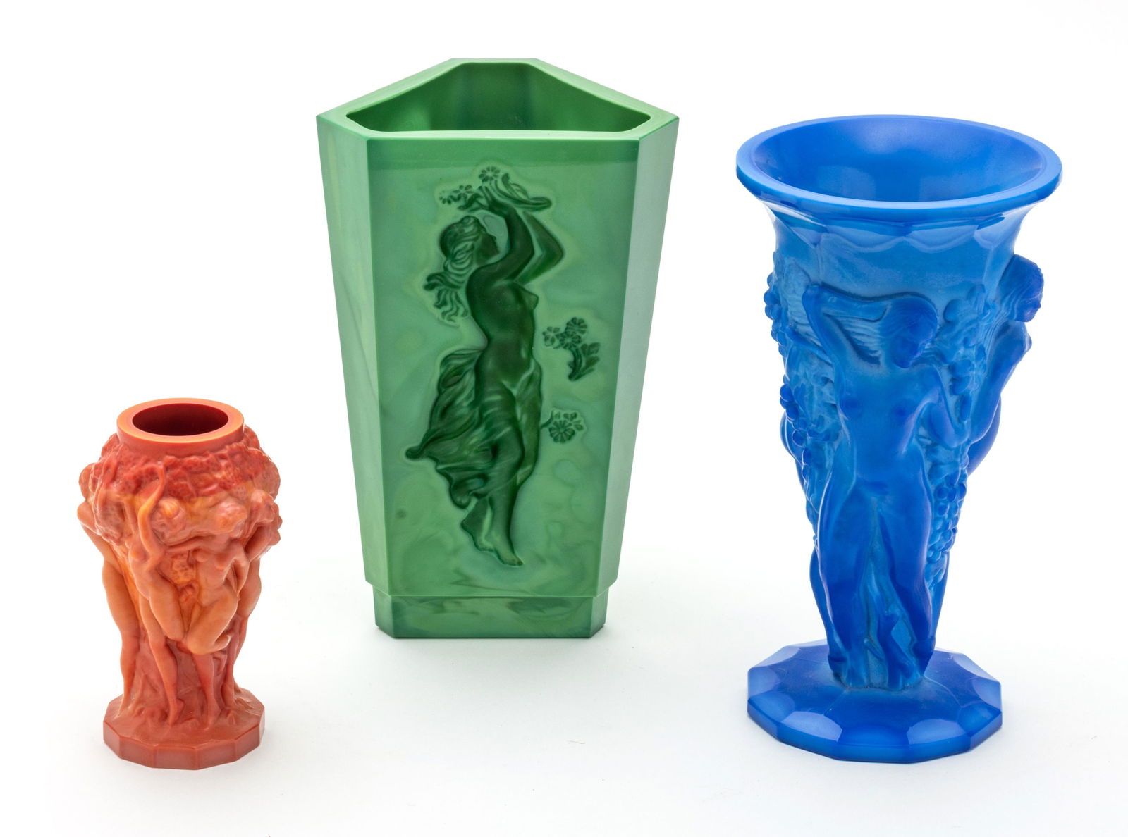 Bohemian Malachite Glass Vases, Feat. F. Haiama, C. 1930, H 8.25'' W 5.25'' Depth 4.75'' 3 pcs (1 of 5)