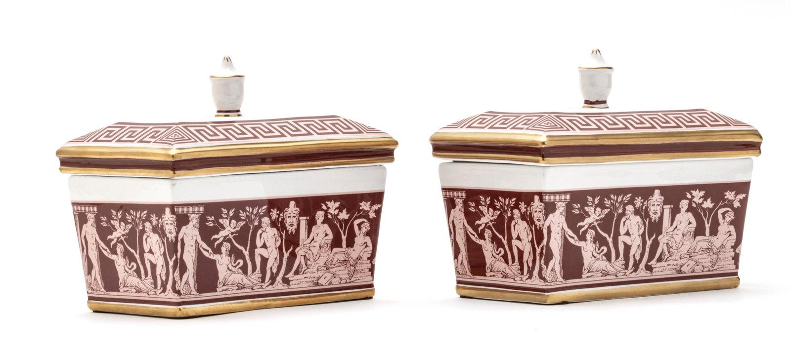RB 1875 For Mottahedeh Stoneware Covered Boxes, H 6.5'' W 5'' L 7.75'' 1 Pair: RB 1875 For Mottahedeh Stoneware Covered Boxes, H 6.5'' W 5'' L 7.75'' 1 Pair A pair of RB for Mottahedeh stoneware covered boxes. Each offers a Greek key border with Neoclassical figures in landscape